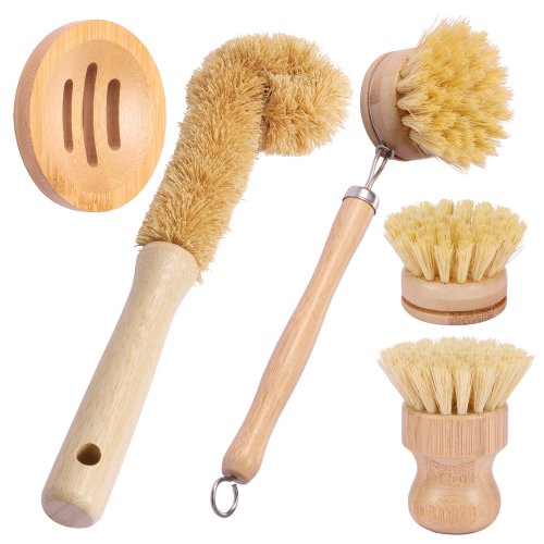Image of Eco-Friendly Bamboo Dish Brush Set – 5-Piece Natural Kitchen Cleaning Kit with Long Handles for Deep Cleaning Pots, Pans & Utensils