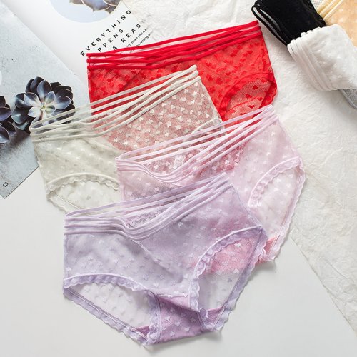 Bild von Sommerliche Spitzen-Unterwäsche für Frauen – Transparente Slip-Hose mit tiefem Ausschnitt, aus reiner Baumwolle, mittlere Taille, eleganter Schritt, Modell SYTA007