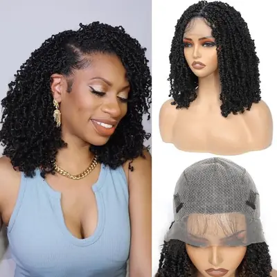 Image de Perruque Lace Front Faux Locs Bouclés - Noir 14 pouces