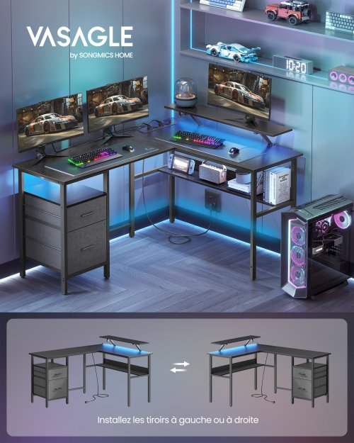 Image of VASAGLE L-Shaped Corner Desk with Built-In USB Ports, LED Lighting, and Monitor Stand – Modern Computer Desk for Home Office or Gaming Setup