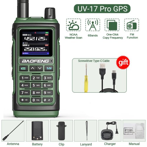Immagine di Baofeng UV-17 Pro con GPS e Banda Aerea: Radiocomando a Lungo Raggio, 6 Bande, Copia Frequenza Wireless per Caccia e Outdoor