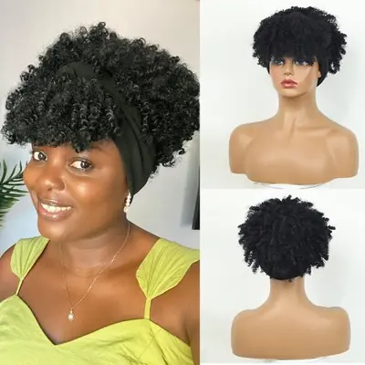Image de Perruque Afro Bouclée Courte avec Frange - Bandeau Synthétique Naturel