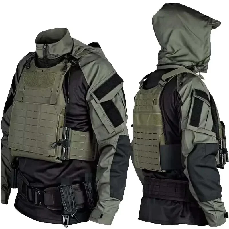 Imagen de Camisas de combate para hombre, camiseta transpirable con cremallera 1/4, camiseta de camuflaje con capucha de secado rápido CS Paintball, camisetas tácticas resistentes al desgaste