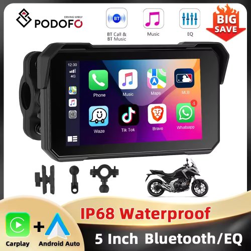 Immagine di Podofo 5 '' Schermo IPS Moto Carplay Android Regolazione automatica della luminosità IP68 Impermeabile Bluetooth 5.0 Lettore Smart Screen