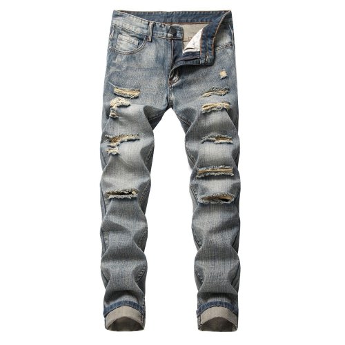 Image of Men's Punk Street Style Ripped Skinny Jeans with Vintage Wash – Slim Fit Denim Pants with Distressed Holes for Casual Urban Fashion 2024
