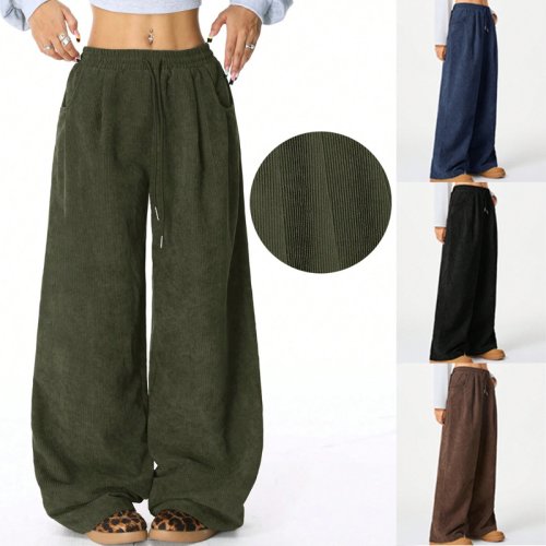 Imagen de Pantalones Holgados de Pierna Ancha con Cintura Alta Elástica y Bolsillos para Mujer, Estilo Informal de Primavera y Verano