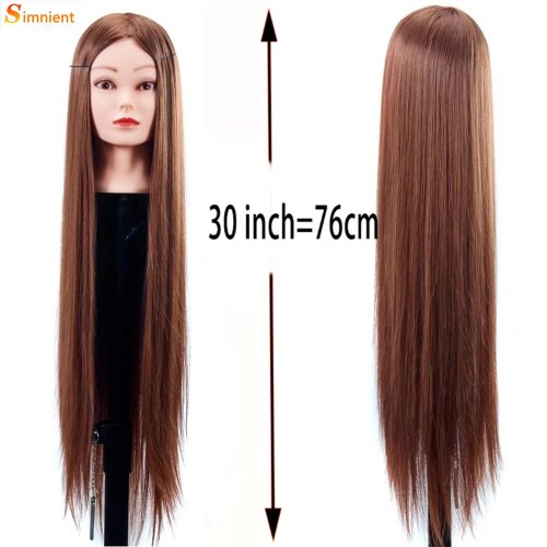 Imagen de Cabeza de maniquíes de entrenamiento sintético para peluquería, pelo liso de 76cm, para maquillaje, trenzado de pelo, práctica de salón, herramienta de estilismo