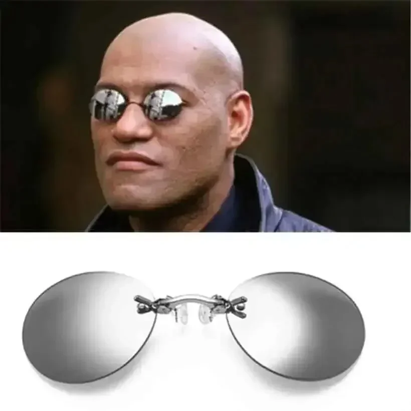 Bild von Vintage-Rundsonnenbrille mit Clip-on-System – Randlose Mini-Brille im Matrix-Morpheus-Stil für Herren, UV400-Schutz
