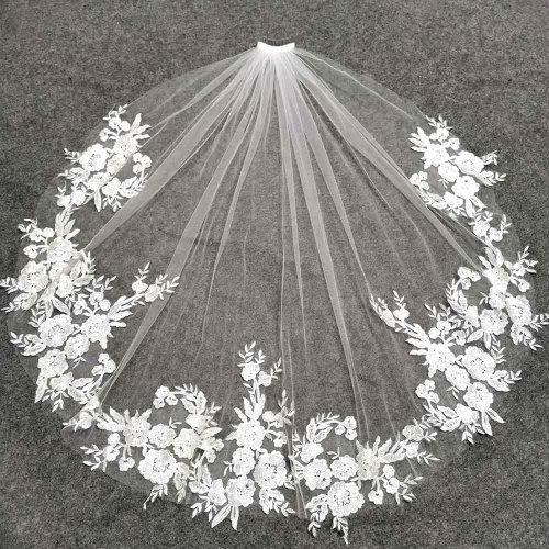 Image of Elegant 1-Meter Single Layer Lace Wedding Veil with Sparkling Sequins and Comb - White & Ivory Bridal Veil for Romantic Wedding Look