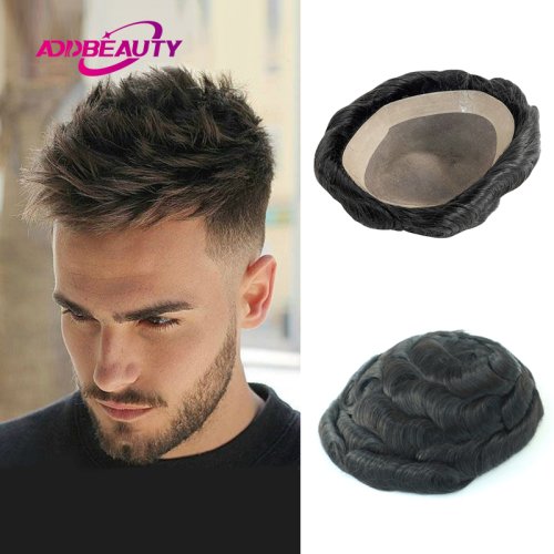Image of Natural Looking Men's Human Hair Toupee with Fine Mono NPU Base - Wave Style Capillary Prosthesis in Brown