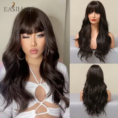 Image de Perruque Blonde Ombre Brune Ondulée - Style Platine avec Frange