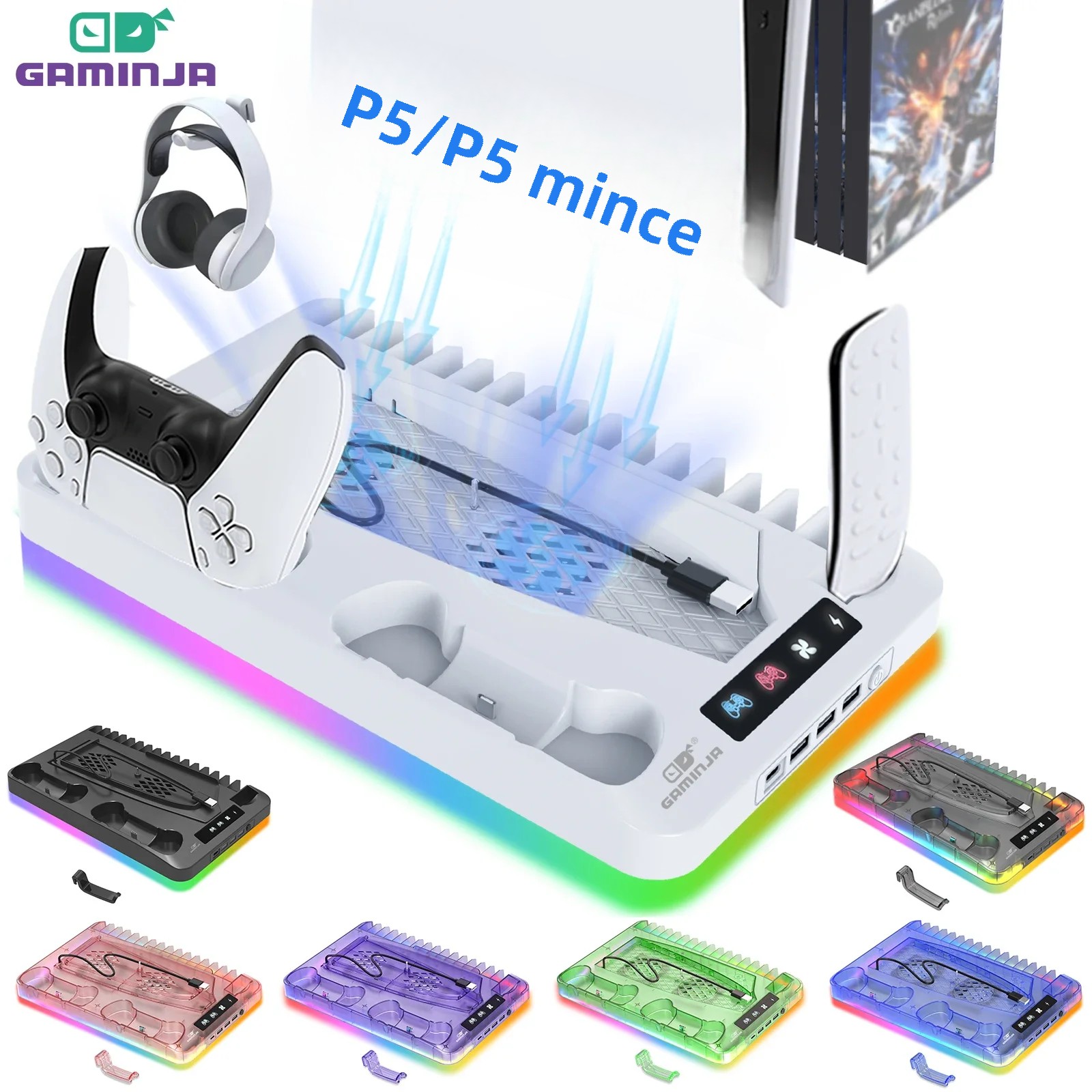 Imagen de Soporte de refrigeración GAMINJA P58 RGB para consola delgada PS5, Base de carga para mando, gancho ...
