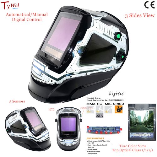 Immagine di Maschera per Saldatura Professionale con Oscuramento Automatico 3 Visualizzazioni Color, Lente 100x93mm, DIN 4-13, Ottico 1111, 5 Sensori, Certificata EN379, Casco da Saldatura