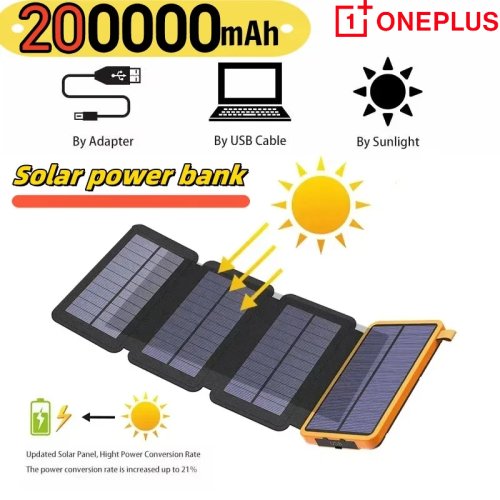 Image of 200000mAh Solar Power Bank with Portable Folding Solar Panel, USB Output, Fast Charging, Waterproof Design for Outdoor Camping and Travel