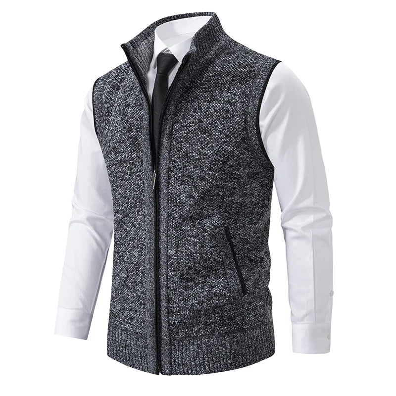 Zdjęcie Męski sweter z dzianiny bez rękawów sweter rozpinany sweter z zamkiem błyskawicznym kamizelka na co dzień bez rękawów ciepła kurtka Slim Fit sweter ze stójką