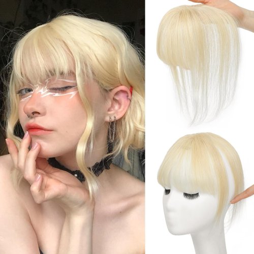 Bild von 100 % Echthaar-Pony, Damen-Perücke mit natürlichem Luft-Pony, 3D-Haar-Topper, Perückenstücke mit geradem Pony, T-förmiges goldenes Haarteil für Mädchen