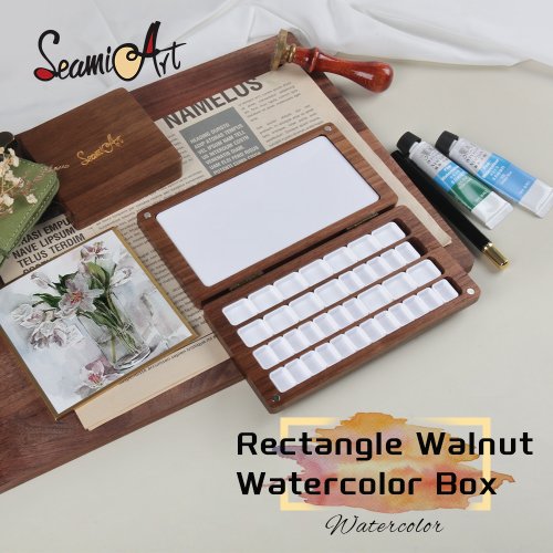 Immagine di Scatola da Pittura in Legno di Noce Nera con Tavolozza Integrata e Mezze Padelle per Acquerello – Elegante Contenitore Artistico per Forniture Creative