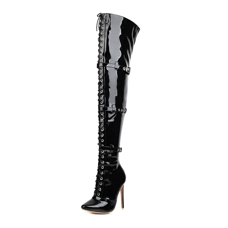 Imagen de Botas altas hasta el muslo con cordones cruzados para mujer, botines por encima de la rodilla con pu...