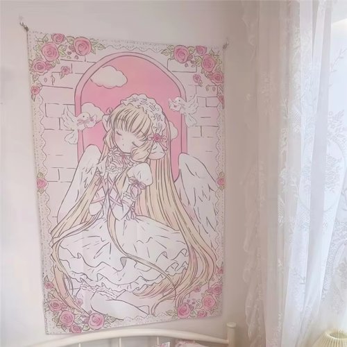 Imagen de VIKAMA-tapiz de niña Ángel, encaje rosa y dorado, arco de paloma, decoración de dormitorio de estilo Anime, tapiz de estilo Ins, decoración del hogar