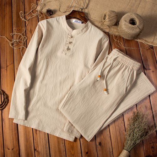 Bild von Chinesischer Stil Herrenhemd & Hose Set – Elegantes Baumwoll-Leinen Outfit