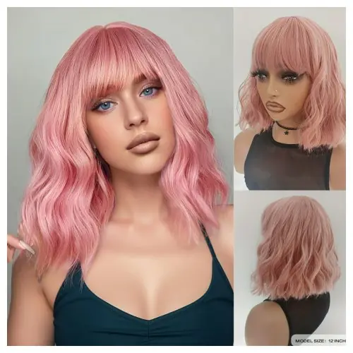 Image de Perruque Rose Ondulée 12 Pouces - Densité 180%