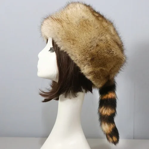 Imagen de Estilo ruso Otoño e Invierno nueva moda sombrero de copa plano cálido grueso sombrero de mapache de ...