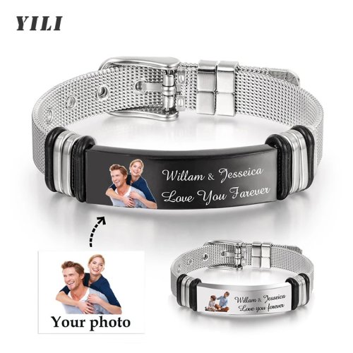 Image of Personalized Stainless Steel Photo Bracelet for Men – Custom Engraved with Name, Text, and Picture – Adjustable ID Jewelry Gift