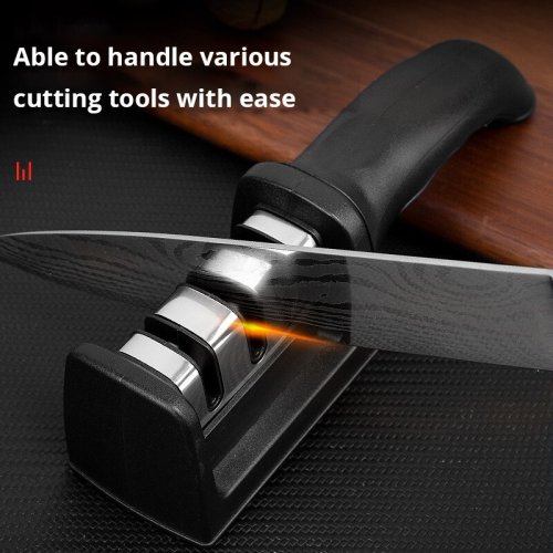 Image of 1Pc Black Kitchen Three Segment Knife Sharpener Household Multi Functional Hand Held Three Purpose Sharpening Stone Kitchen Tool