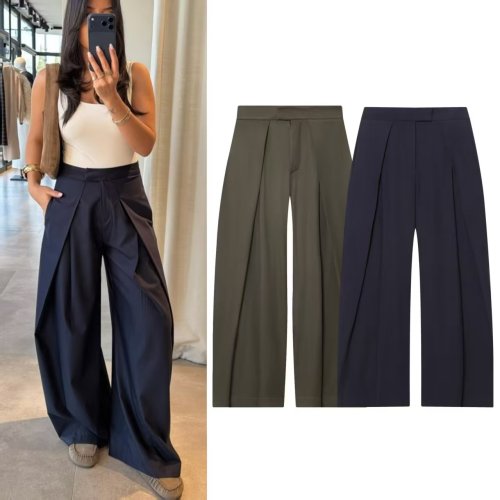 Image of 2025 Autumn Women's Military Green Pleated Wide Leg Pants – Loose Fit Casual Fashion Stylish and Versatile Trousers