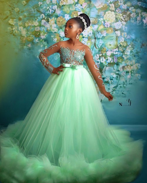 Image of Elegant Green Beaded Pageant Dress with Long Sleeves and Puffy Tiered Ruffles for Girls – Customized Birthday & Photoshoot Gown