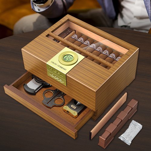 Image of Premium Cedar Wood Cigar Humidor with Built-In Hygrometer, Humidifier, Drawer Divider, and Length Gauge – Elegant Desktop Storage Box for Cigar Enthusiasts