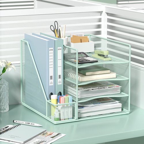 Image of Sleek Metal Office Desk Organizer with Multi-Layer Storage, Book Stand & Folder Holder for Efficient Workspace Management