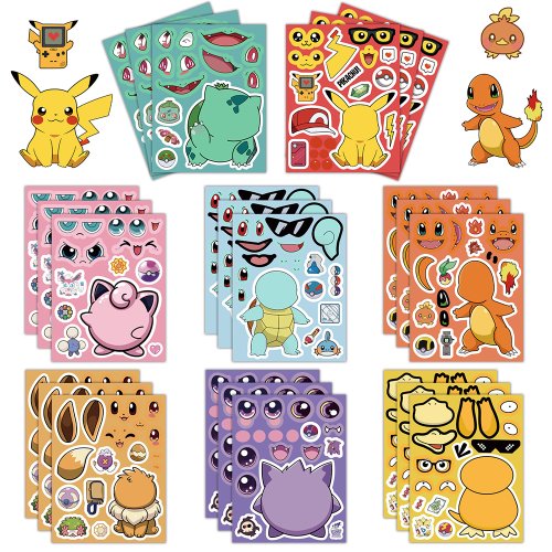 Image of DIY Anime Pokémon Make-a-Face Puzzle Stickers for Kids – Fun Cartoon Jigsaw Decals, Creative Arts & Crafts Toy Set for Children's Parties and Gifts