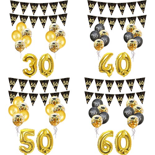 Image of Elegant Number Balloons & Hanging Banner Set for 30th, 40th, 50th, 60th Birthday Celebrations – Complete Adult Milestone Party Decorations