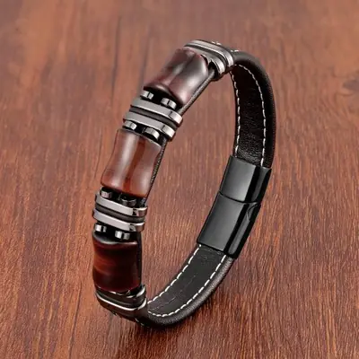 Image de Bracelet Oeil de Tigre en Cuir Noir & Acier Inoxydable