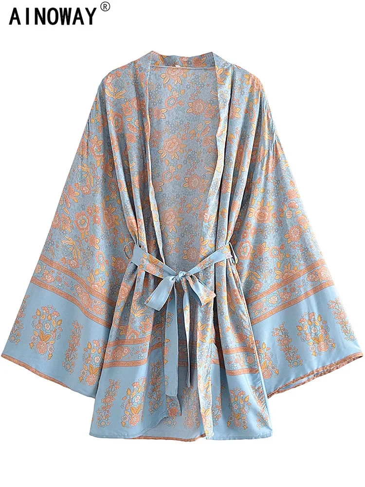 Image of Elegant Multi-Floral Print Kimono Robe for Women – V-Neck Batwing Sleeve Boho Beach Cover-Up with Bohemian Style