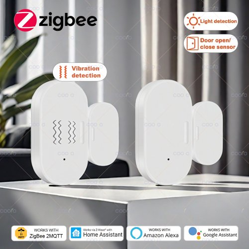 Zdjęcie Inteligentny czujnik drzwi i okien 2 w 1 z detekcją światła i wibracji – bezpieczny system alarmowy Zigbee do domu i biura