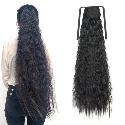 Afbeelding van Synthetische 32-inch Kinkig Krullende Clip-in Paardenstaart met Trekkoord – Zwarte en Blonde Haarverlenging voor Vrouwen