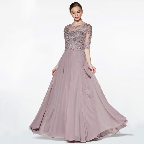 Afbeelding van Elegante A-lijn Chiffon Jurk met Kant Detail voor Moeder van de Bruid – Halve Mouwen en Illusie Halslijn, Perfect voor Bruiloft en Avondfeesten