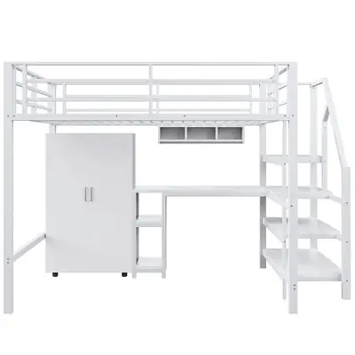 Image de Lit Mezzanine Blanc avec Bureau et Rangement