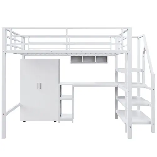 Image de Lit Mezzanine Blanc avec Bureau et Rangement