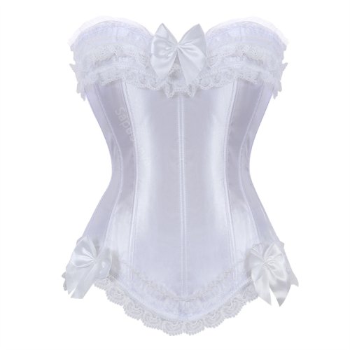 Image of Elegant Gothic Satin Overbust Corset Top with Lace-Up Back and Zipper Closure – Plus Size Bustier for Women, Red and White Bridal Shaper