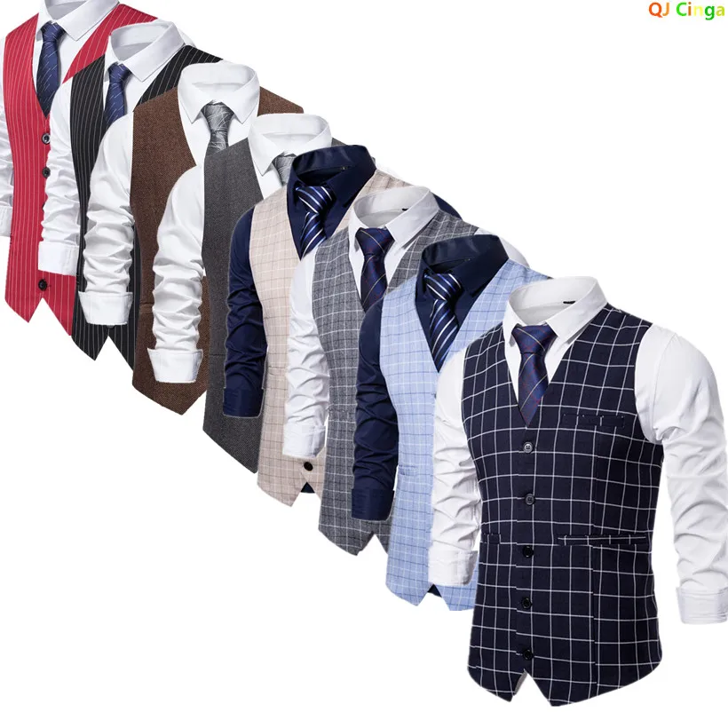 Imagen de Chaleco Sin Mangas para Hombre con Estampado a Cuadros Azules, Cuello en V, de Un Solo Pecho, Ideal para Bodas, Fiestas, Negocios y Oficina - Talla Europea