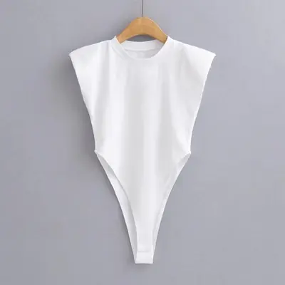 Image de Hauts Sexy femmes été une pièce moulante Body rembourré épaule Body noir sans manches corps costumes pour femmes blanc