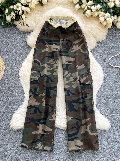 Image of Women's Camouflage Printed Wide Leg Pants 2025 Autumn Workwear Style Casual Straight Leg Denim Vintage Trousers