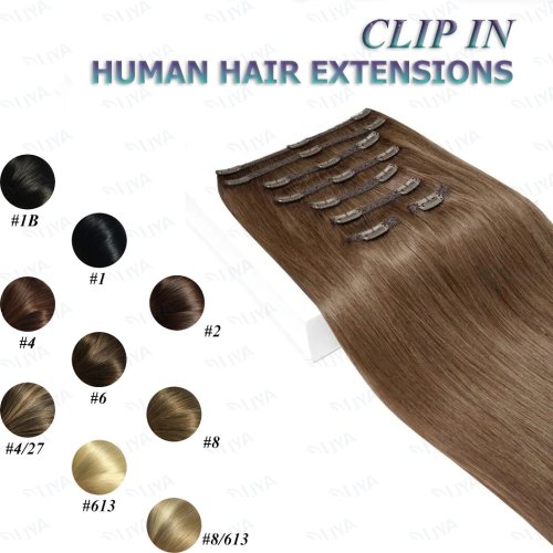 Immagine di Estensioni Capelli Umani con Clip Brasiliane Diritte Seriche a Doppia Trama Spessa 120g - 8 Pezzi Colore Marrone Castano