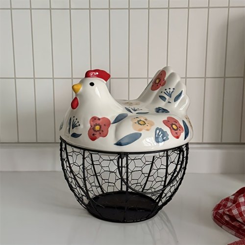 Imagen de Baske de cerámica para huevos en forma de gallina, soporte para huevos de cerámica con tapa, organiz...