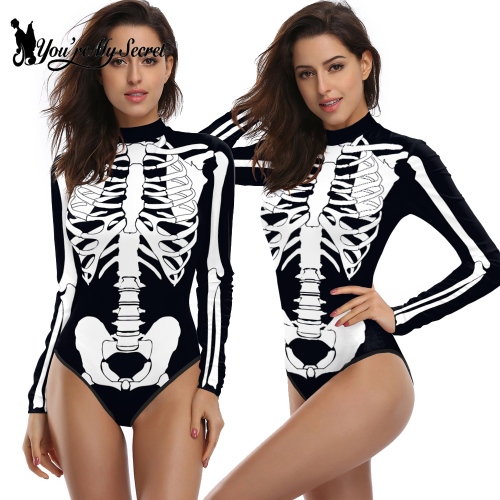 Image of Women's Skeleton Print Zentai Bodysuit - Halloween Costume, Day of the Dead Cosplay Jumpsuit for Carnival Parties