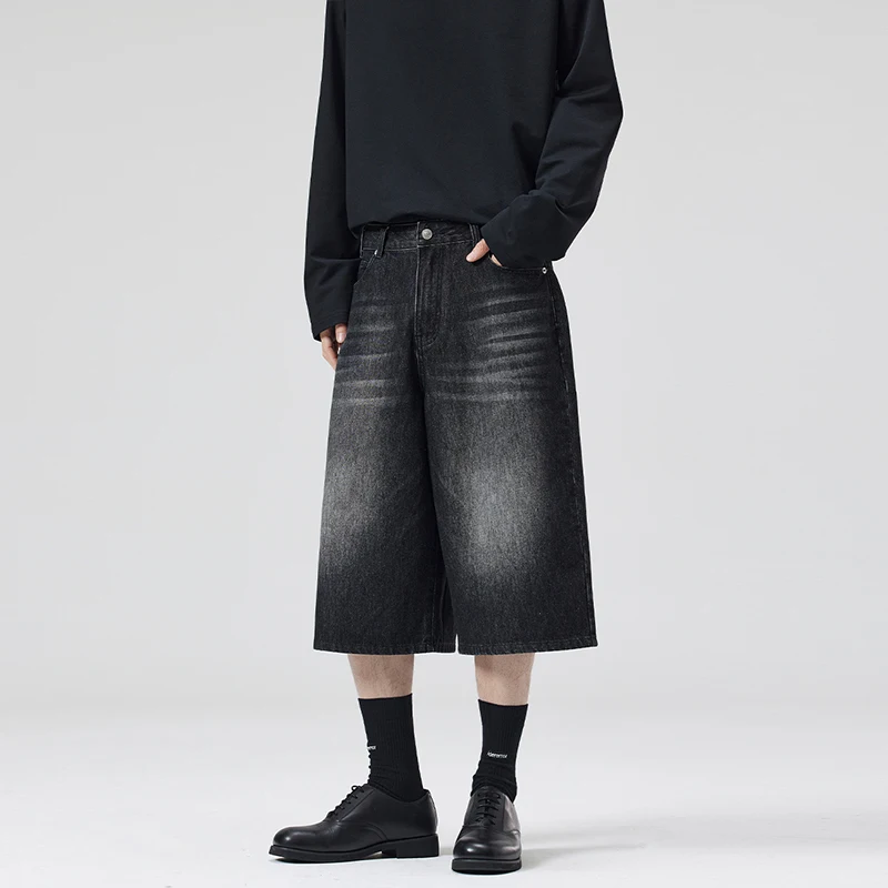 Imagen de Pantalones Cortos de Mezclilla con Diseño de Rayo Americano para Hombre, Modelo Recto y Holgado, Estilo Urbano Verano 2025