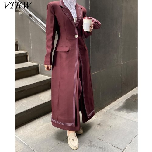 Imagen de Abrigo largo para mujer de doble línea, diseño moderno con franjas de color, cortavientos resistente para industria pesada, estilo sense nuevo